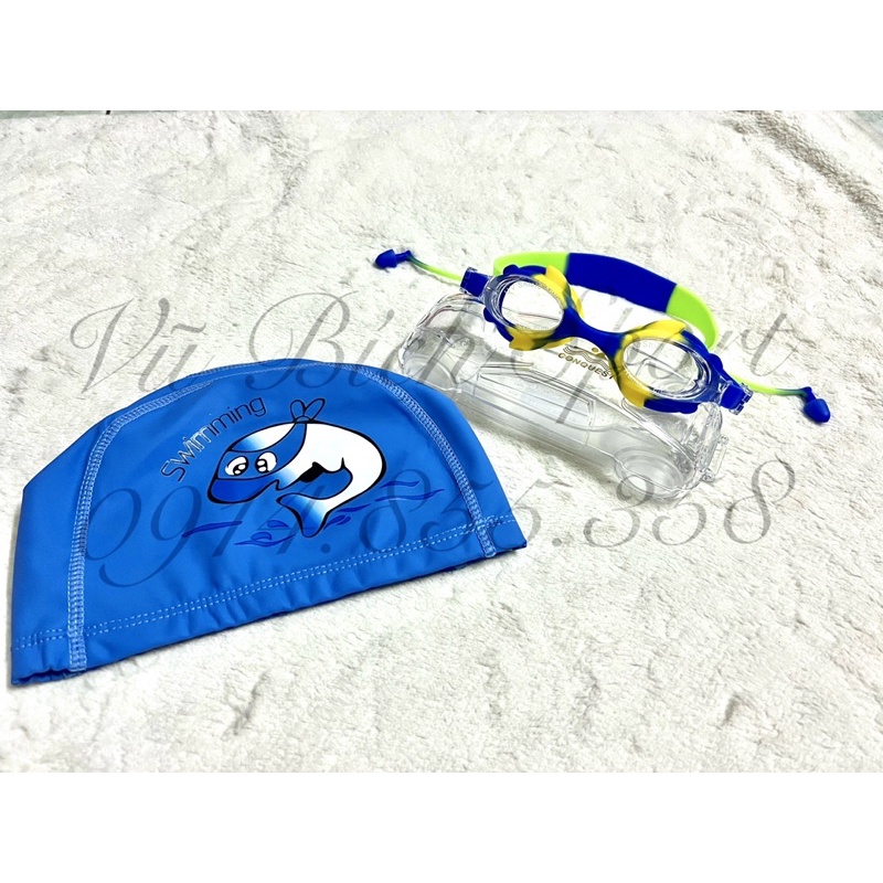 Combo 1 Nón Bơi Vải chống nước + Kính Bơi Conquest BL15 cho bé + Kèm nhét tai bơi