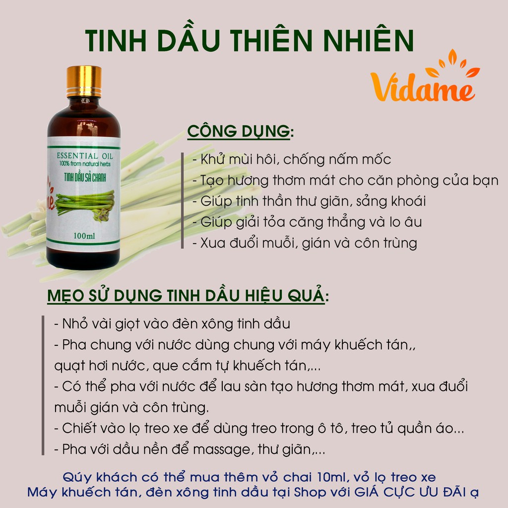 Tinh Dầu Thiên Nhiên 100ML VIDAME - Hàng Chính Hãng - Tinh dầu thơm phòng đuổi muỗi, sả chanh, quế, bạc hà, hoa nhài