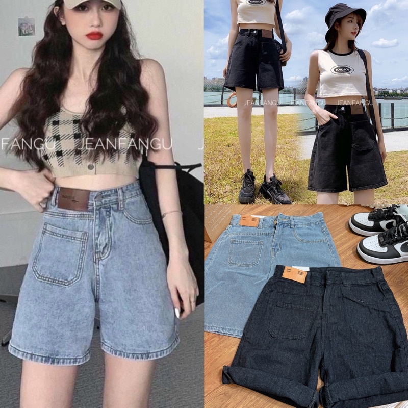 [Ảnh thật/Video]Quần ngố ống rộng tag da cạp cao cá tính , quần bò ngang đùi chất siêu đẹp JEANFANGU