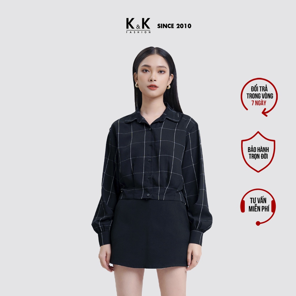 Áo Sơ Mi Kẻ Ô K&K Fashion ASM07-20 Màu Đen Tay Dài Chất Liệu Tầm Gân