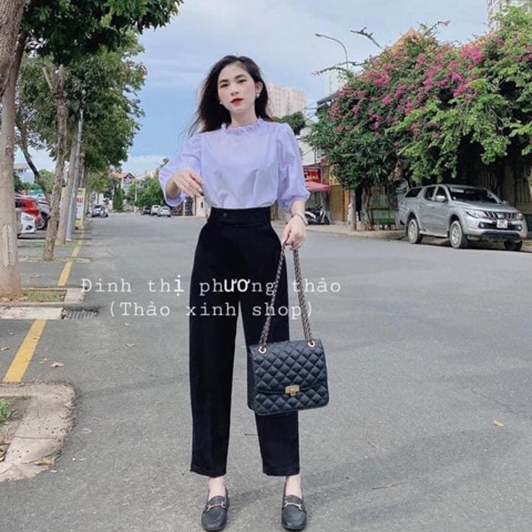 Quần baggy đi học sinh nữ cúc lệch form rộng - Cạp viền lưng cao màu Đen - Vải tuyết mưa - Dáng quần baggy công sở | BigBuy360 - bigbuy360.vn