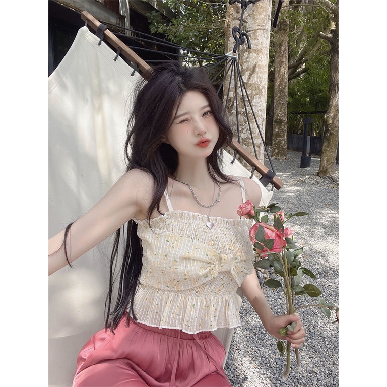 Áo Hai Dây Dệt Kim Đính Nơ Lãng Mạn Thời Trang Mùa Hè Mới