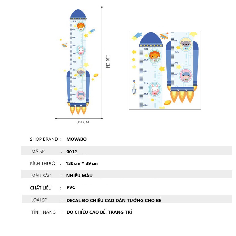 Decal đo chiều cao dán tường cho bé hình tên lửa vũ trụ kích thước 39x130cm