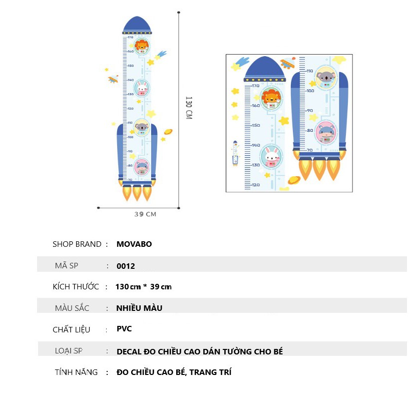 Decal đo chiều cao dán tường cho bé hình tên lửa vũ trụ kích thước 39x130cm