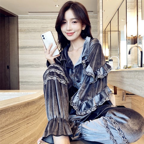 Bộ đồ ngủ tay dài vải nhung dáng rộng thời trang thu đông mới 2021 dành cho nữ