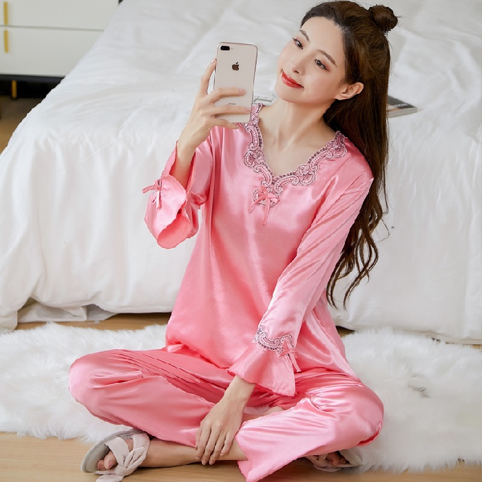 Bộ Đồ Ngủ Dài Tay Bằng Lụa Satin Thời Trang Hàn Quốc Cho Nữ Plus Size M-4XL
