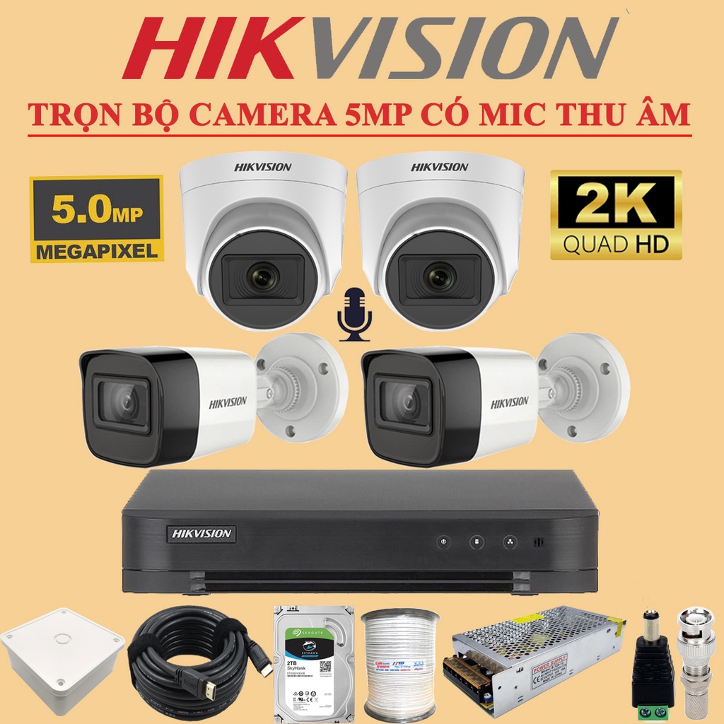 [ CAMERA 5MP MIC thu âm ] Trọn  Bộ Camera 4 Mắt Hikvision 5MP 2560 x 1944 bảo hành 24 tháng (FULL PHỤ KIỆN LẮP ĐẶT)