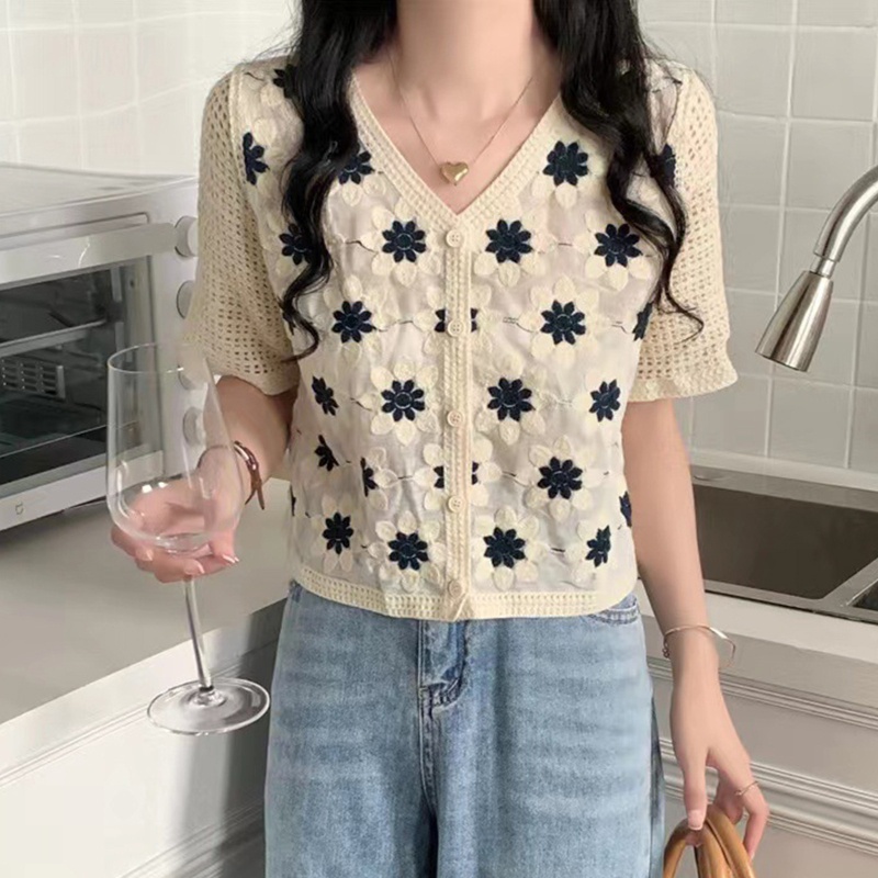 Áo Cardigan Dệt Kim Thêu Hoa Phong Cách Retro Cho Nữ
