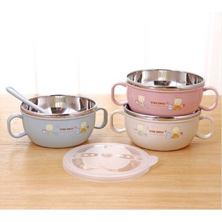 Bát ăn dặm inox 2 lớp cách nhiệt cho bé có tay cầm nắp đậy kèm thìa muỗng, chén ăn cháo, bát ăn cơm
