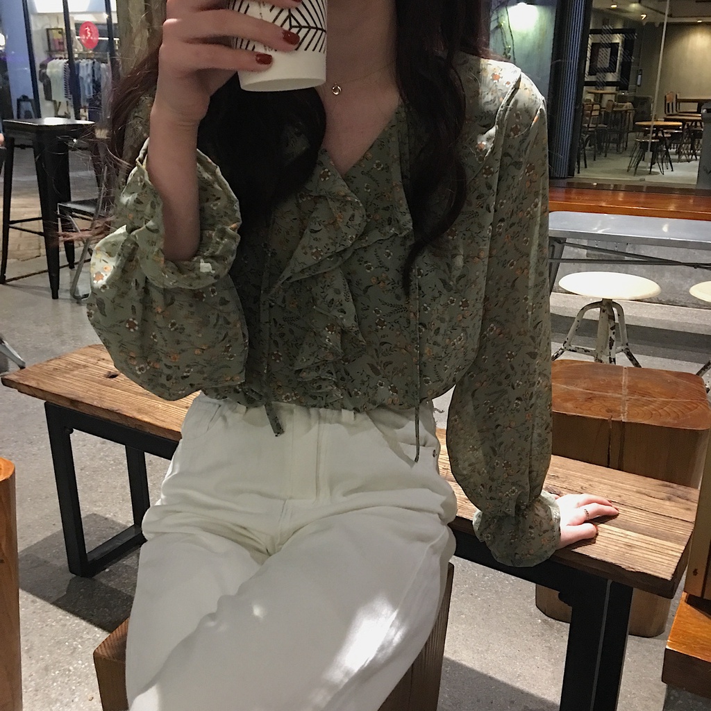 Áo sơ mi GENAISHA tay dài dáng rộng chất liệu vải voan in họa tiết thời trang cá tính cho nữ