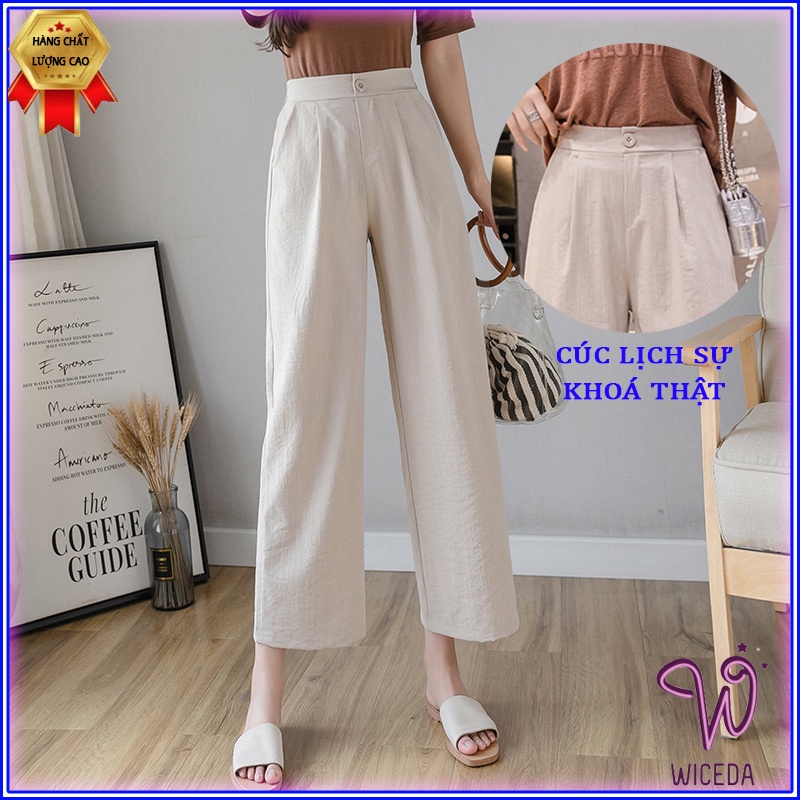 Quần ống rộng suông dài,quần culottes đũi nữ chất nhẹ thoáng mát  4 màu đen be trắng xanh ngọc WICEDA QD520.