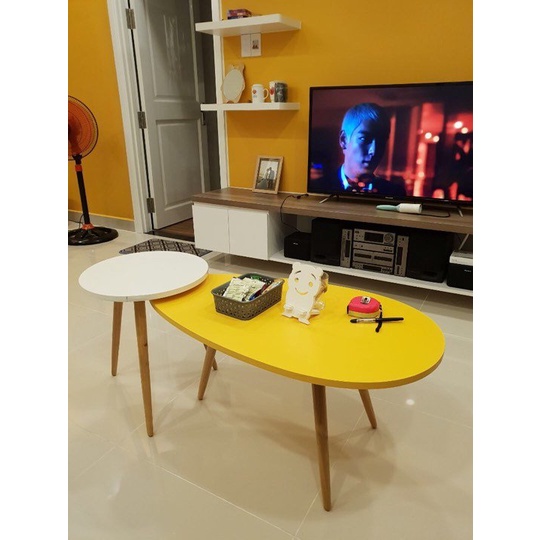 Combo 2 bàn trà chân gỗ sồi như hình gồm bàn trứng và bàn tròn - GP55 + BT50M