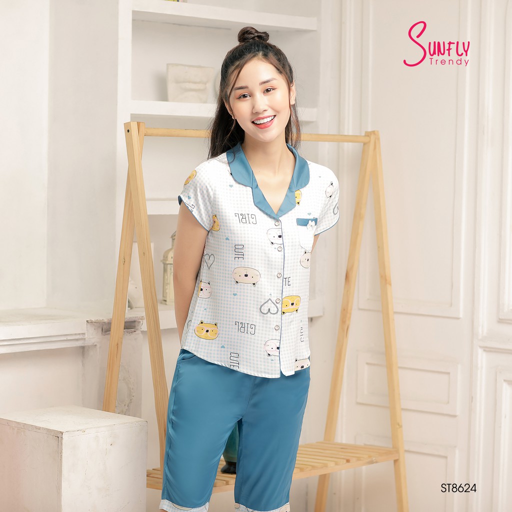 [Mã WABRMH55 giảm 12% đơn 250K] Bộ Pijamas lụa SUNFLY áo cộc quần ngố ST8624