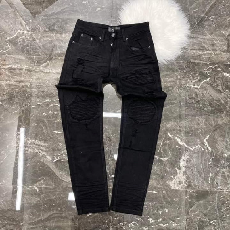 Quần jean đen nam vá nhăn đen khâu viền,Quần bò nam vá nhăn Aimiri rách gối dáng slimfit
