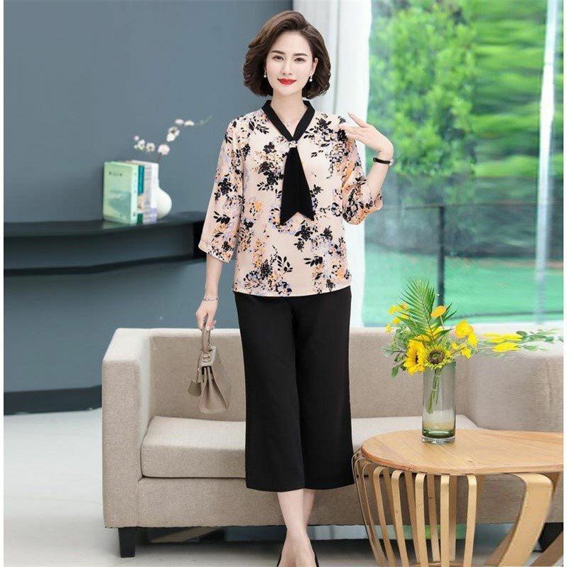[Hàng Có Sẵn] Áo Sơ Mi Chiffon Tay Lửng Cổ Chữ v In Họa Tiết Hoa Cho Phụ Nữ Trung Niên