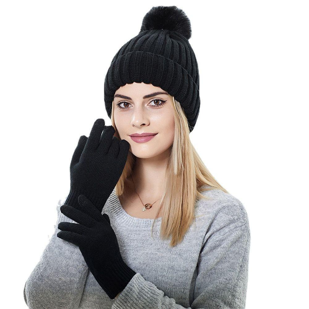 Bộ Mũ Beanie Và Găng Tay Đan Len Dày Dặn Ấm Áp Mùa Đông