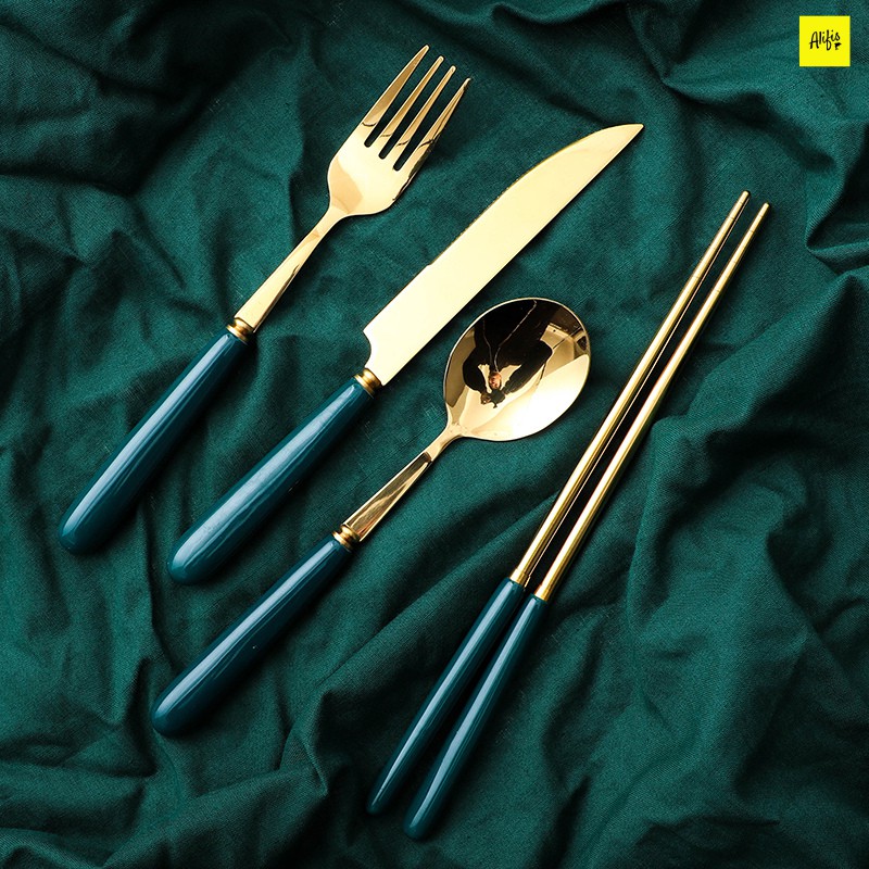 Thìa dĩa dao dĩa đũa thìa muỗng đũa inox mạ vàng tay cầm gốm xanh cổ vịt cao cấp  phong cách Âu [Phụ kiện bàn ăn]