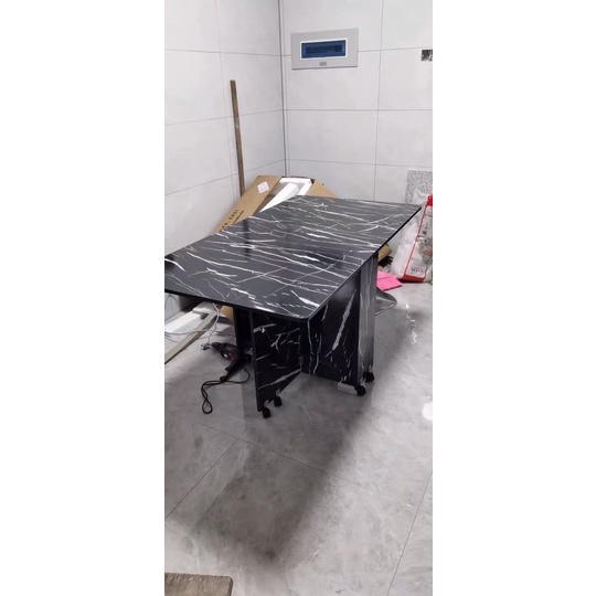 Bàn Ăn Gấp Gọn Thông Minh Kèm Kệ Để Đồ Đa Năng, Bàn Ăn Gỗ Vân Đá Cẩm Thạch Có Bánh Xe KT140x80cm DH-BGK2066