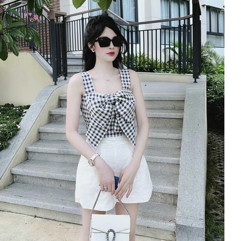 [HOT] ÁO KIỂU HAI DÂY BẢN NƠ TO CARO XANH,ĐEN CHẤT KATE SIÊU ĐẸP NỮ, chizishop