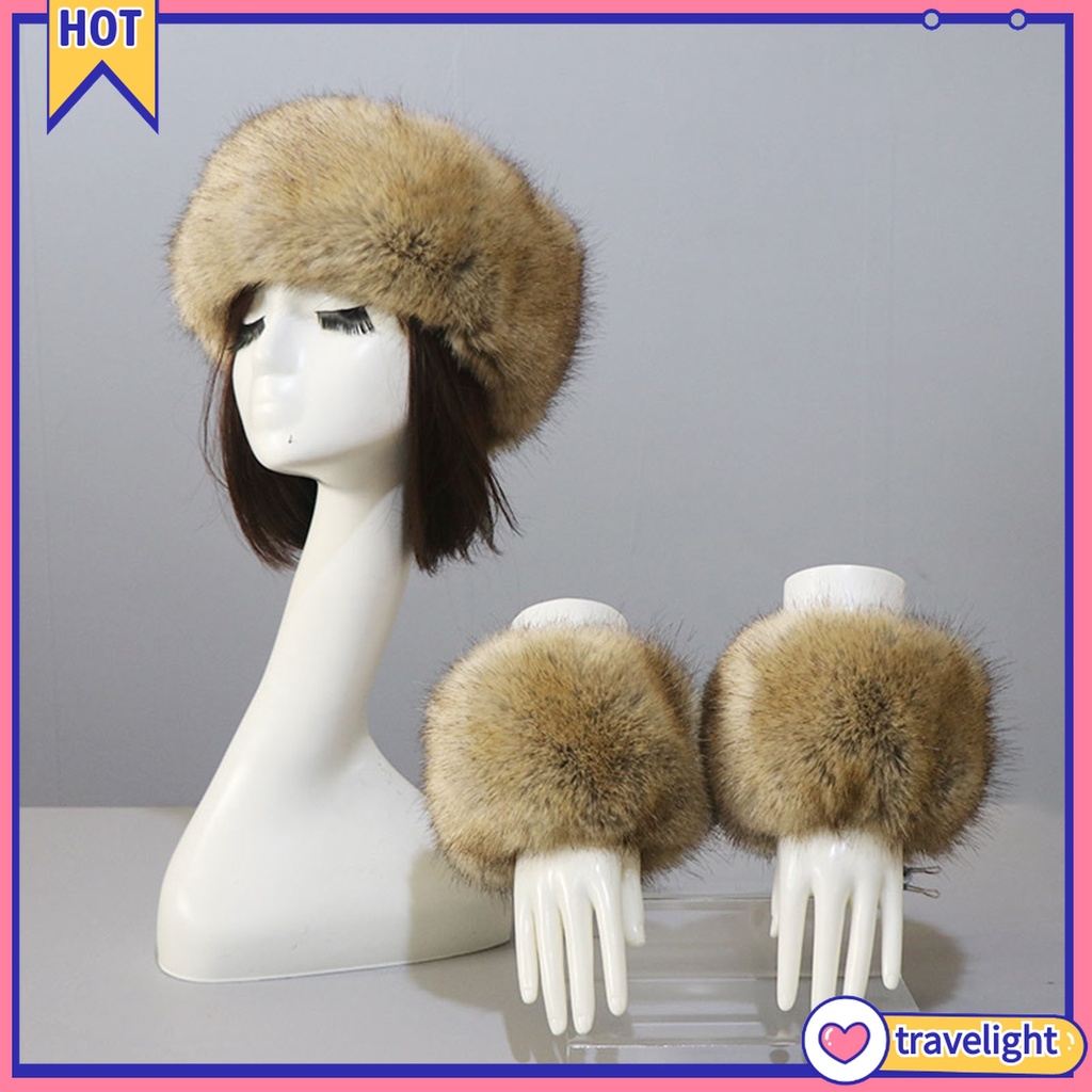1 Set Băng Đô + Găng Tay + Găng Tay Hở Ngón Bằng Lông Giả Màu Trơn Phối Lông Thú Dành Cho Nữ Trượt Tuyết