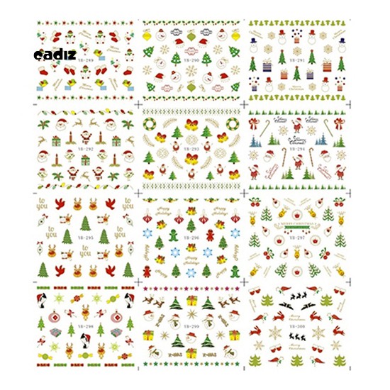 [Hàng mới về] Set 12 Tấm Sticker Dán Móng Tay Chủ Đề Giáng Sinh Xinh Xắn