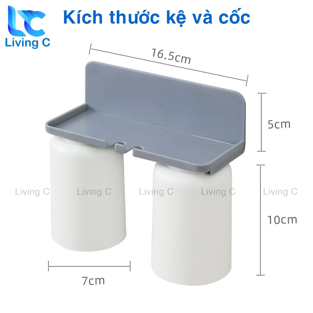 Giá treo bàn chải đánh răng kèm 2 cốc Living C, móc treo bàn chải dán tường _K2C