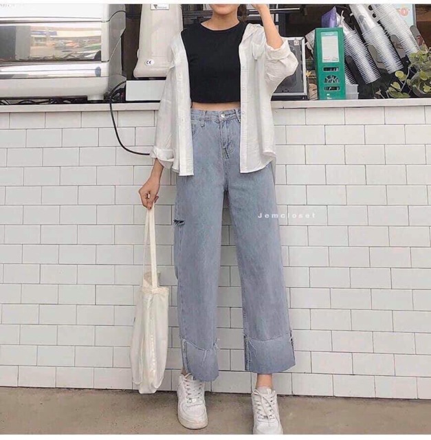 Quần jeans ống suông lật lai qq661