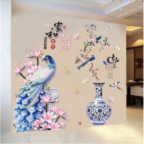 Decal dán tường⚡️𝐅𝐑𝐄𝐄 𝐒𝐇𝐈𝐏⚡️ Decal Combo Chim công Bình gốm - PVC chống thấm nước, keo siêu dính