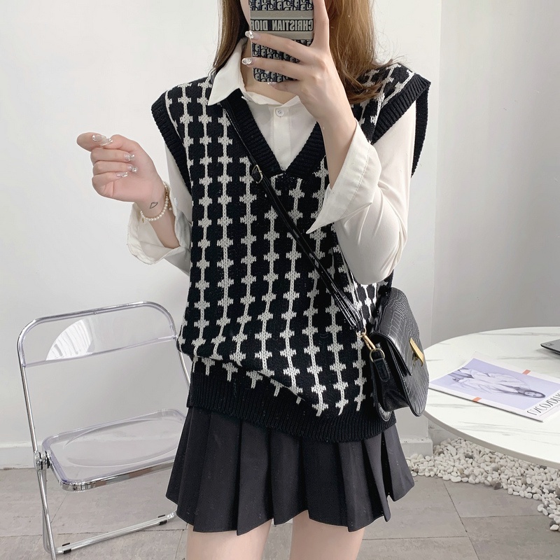 SUXI Áo Dệt Kim Sát Nách Dáng Rộng Cổ Chữ V Thời Trang Hàn Quốc Dễ Phối Đồ Cho Nữ