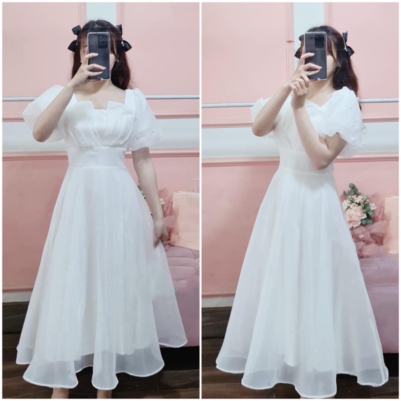 Váy trắng xoè dự tiệc công chúa tay phồng, đầm tiểu thư tiệc cưới cô dâu