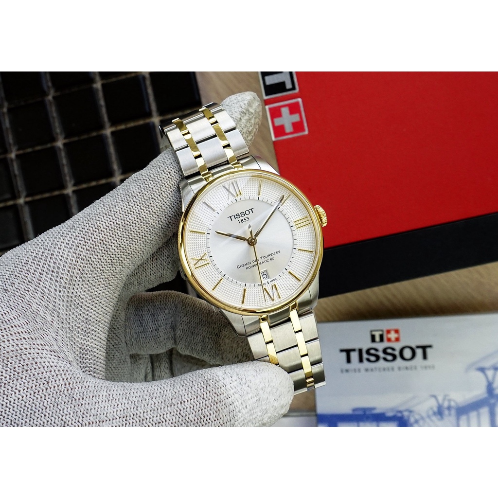 Đồng hồ Nam Tissot 1853 Chemin T099.407.22.038.00 Poewmatic 80 Size 42,Mặt trắng,Demi vàng-Máy cơ tự động-Dây kim loại