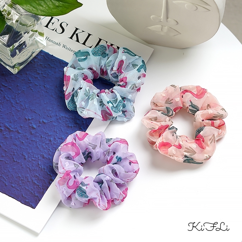 Dây Buộc Tóc Chiffon Họa Tiết Chim Hồng Hạc Dễ Thương Cho Nữ KIFLI