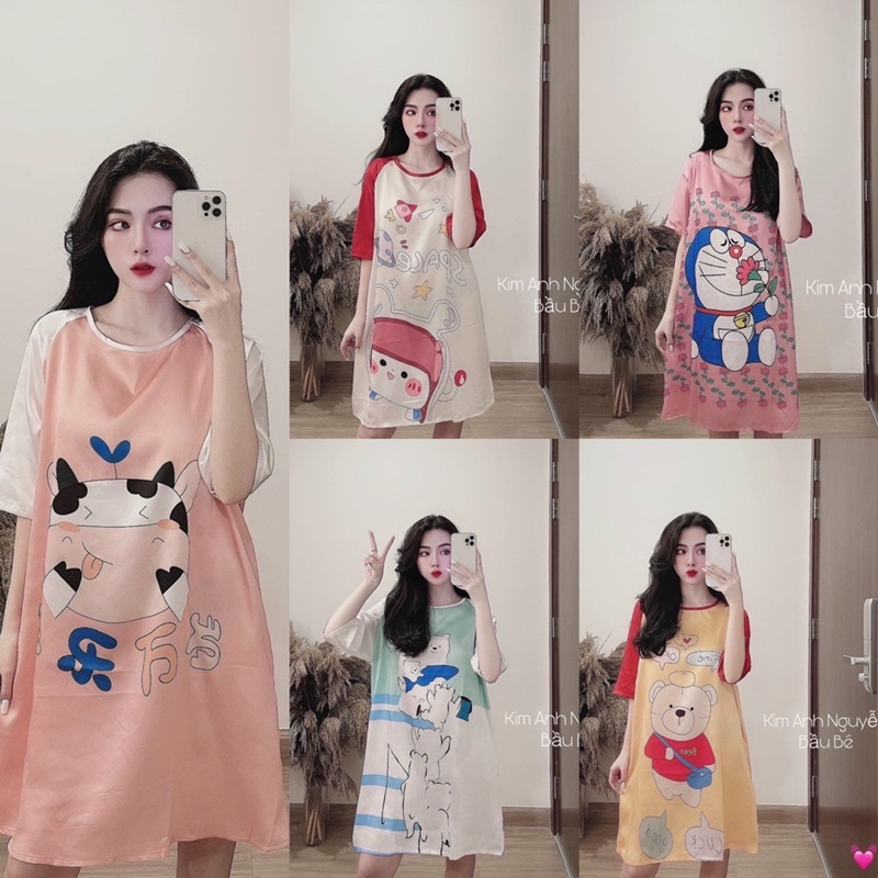 [Siêu Hot] Váy Ngủ Lụa Hình Cute Tay Lỡ Có Ảnh Thật Kèm Video