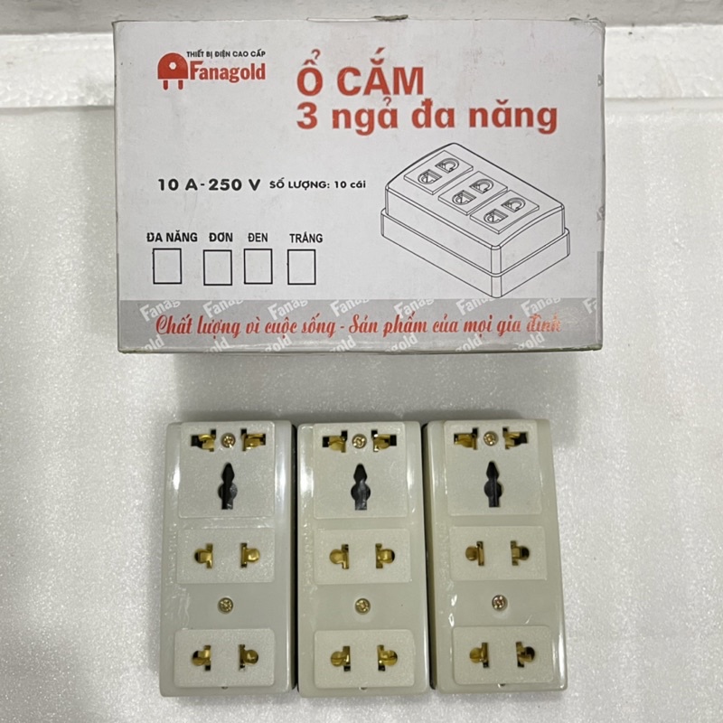 ✅ Ổ CẮM 3 NGẢ ĐA NĂNG 10A - 250V. Thiết bị điện cao cấp Fanagold