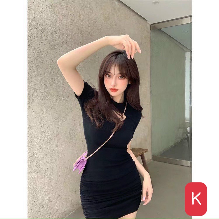 Đầm khoét ngực tay ngắn cổ tròn ôm body dáng ngắn mẫu mới