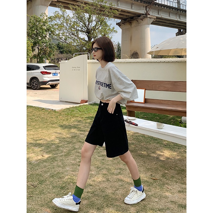 Quần Short denim Lưng Cao Ống Rộng Thời Trang retro Cho Nữ