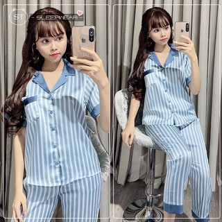 Đồ bộ pịama lụa tay ngắn quần dài (sọc trơn)