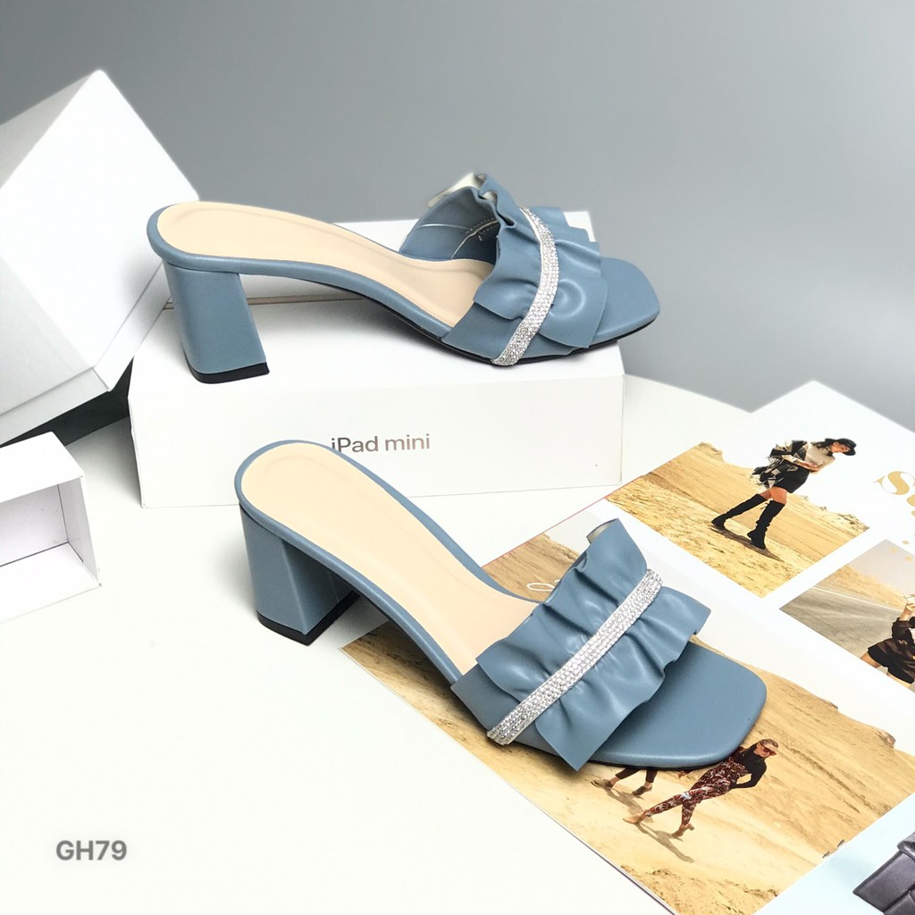Guốc nữ BQ ❤️FREESHIP❤️ Dép cao gót nữ quai bèo nhún đính đá đế vuông 6.5cm GH79