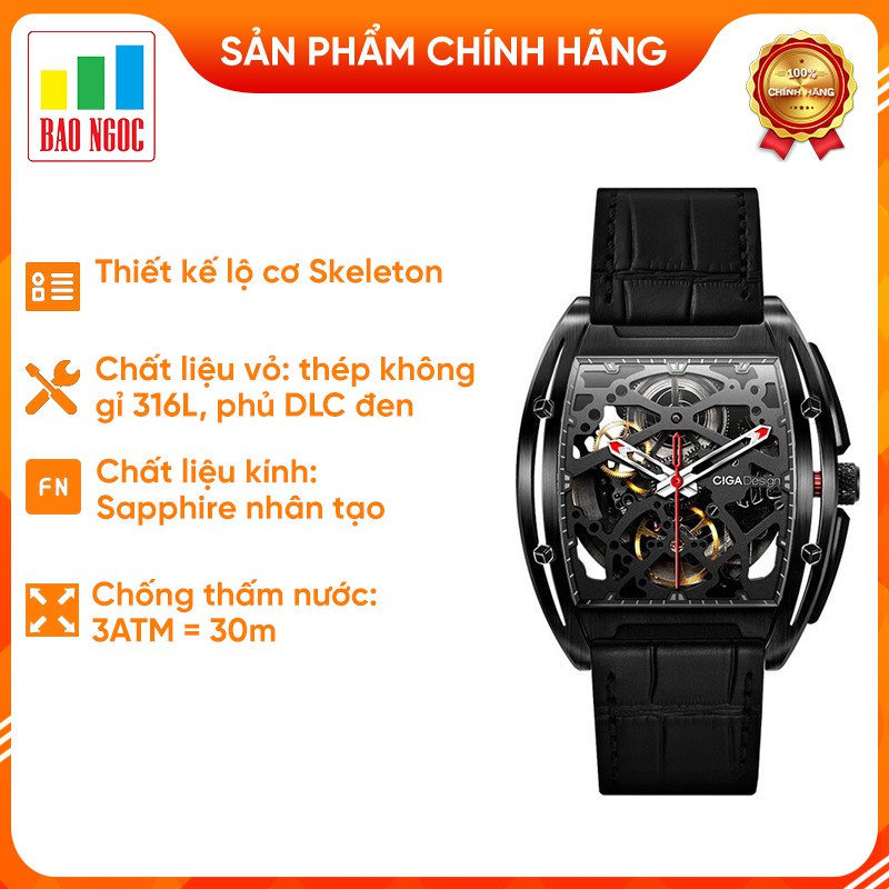 Đồng hồ nam cơ tự đông Xiaomi Ciga Z series bản lộ cơ - Màu Đen