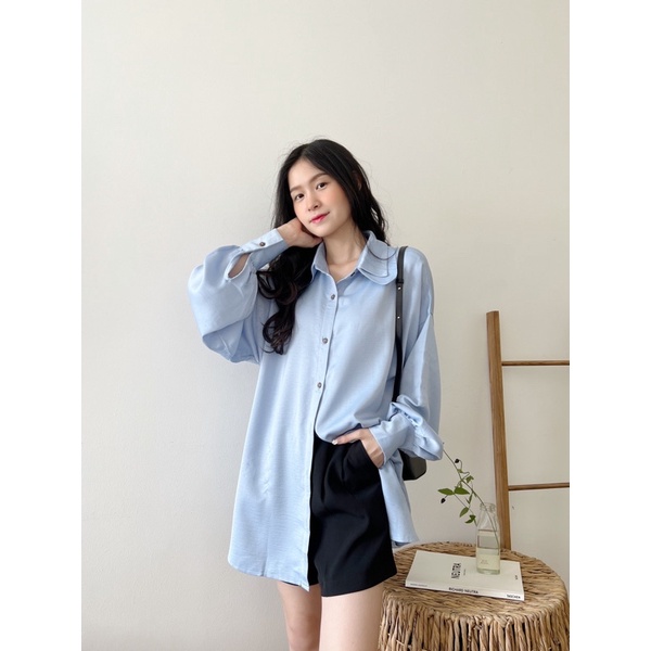 YU CHERRY | Áo sơmi nữ dáng dài tay phồng thiết kế 2 cổ áo Double Collar Blouse YA415