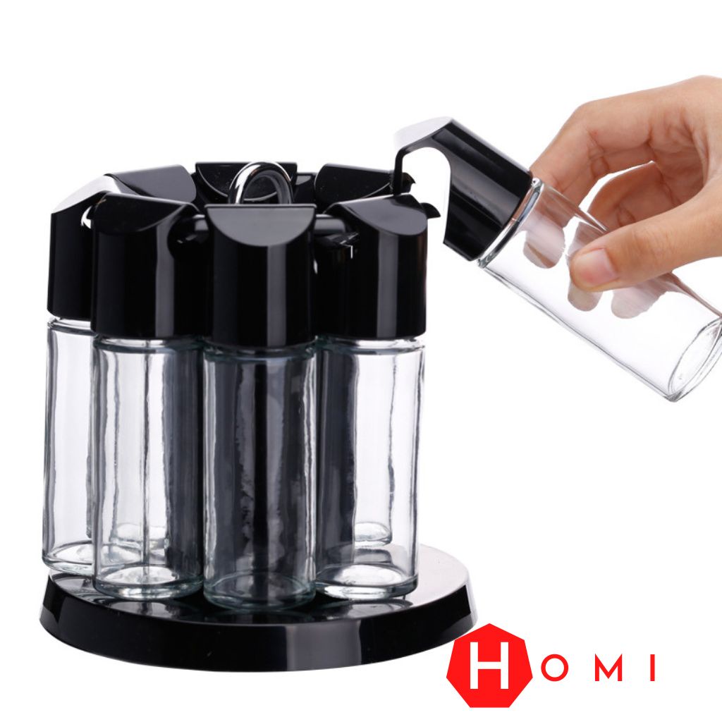 Hũ đựng gia vị [COMBO KÈM GIÁ XOAY] - Lọ đựng gia vị, hủ gia vị thủy tinh nhà bếp - DHOMI Store