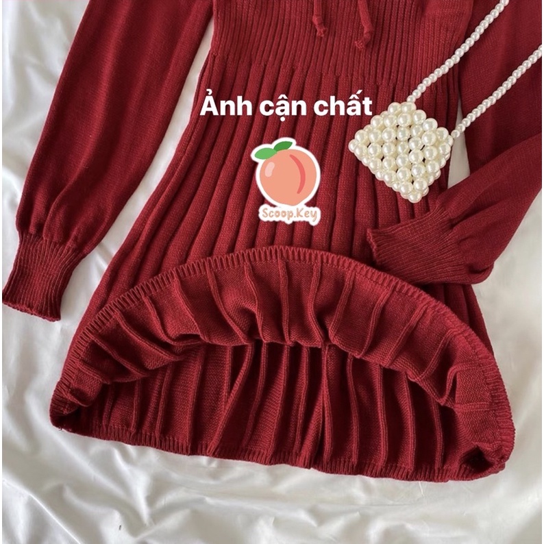Váy Đỏ Mặc Tết Dệt Kim Trễ Vai Tay Bồng Chiết Eo Xoè Tôn Dáng Len Xinh Xắn