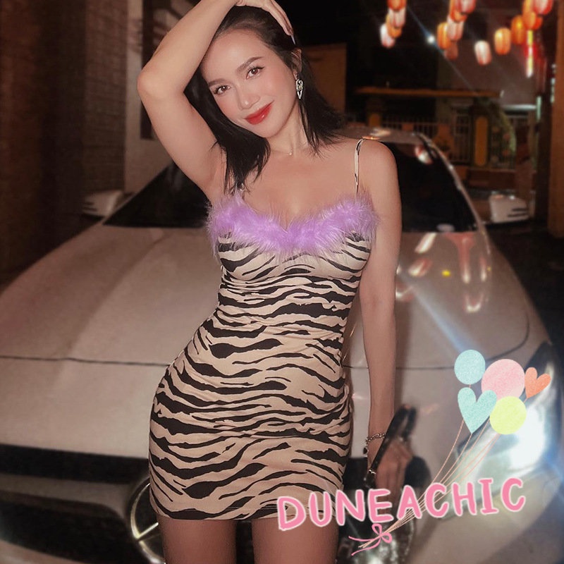 DUNEA Đầm Nhung Trễ Vai Kẻ Sọc Thời Trang Đường Phố Cá Tính Cho Nữ