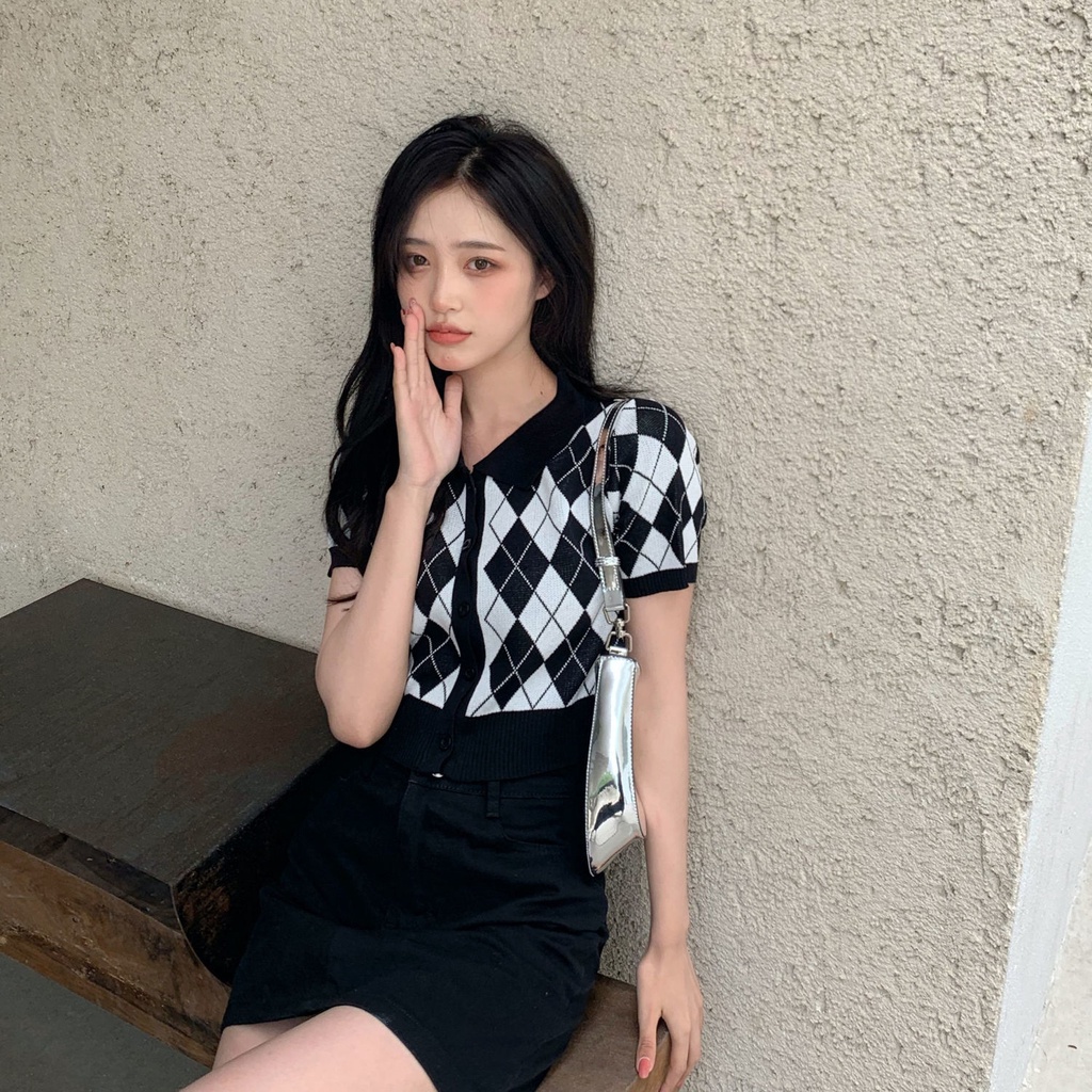 Áo Thun polo Ngắn Tay Cổ polo Họa Tiết Hình Thoi Phong Cách Retro Mỹ Thời Trang Mùa Hè Cho Nữ  tao bao