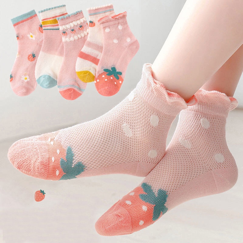 Set 5 Đôi Tất Lưới Thoáng Khí In Họa Tiết Hoạt Hình Dễ Thương Cho Bé 0-2 Tuổi