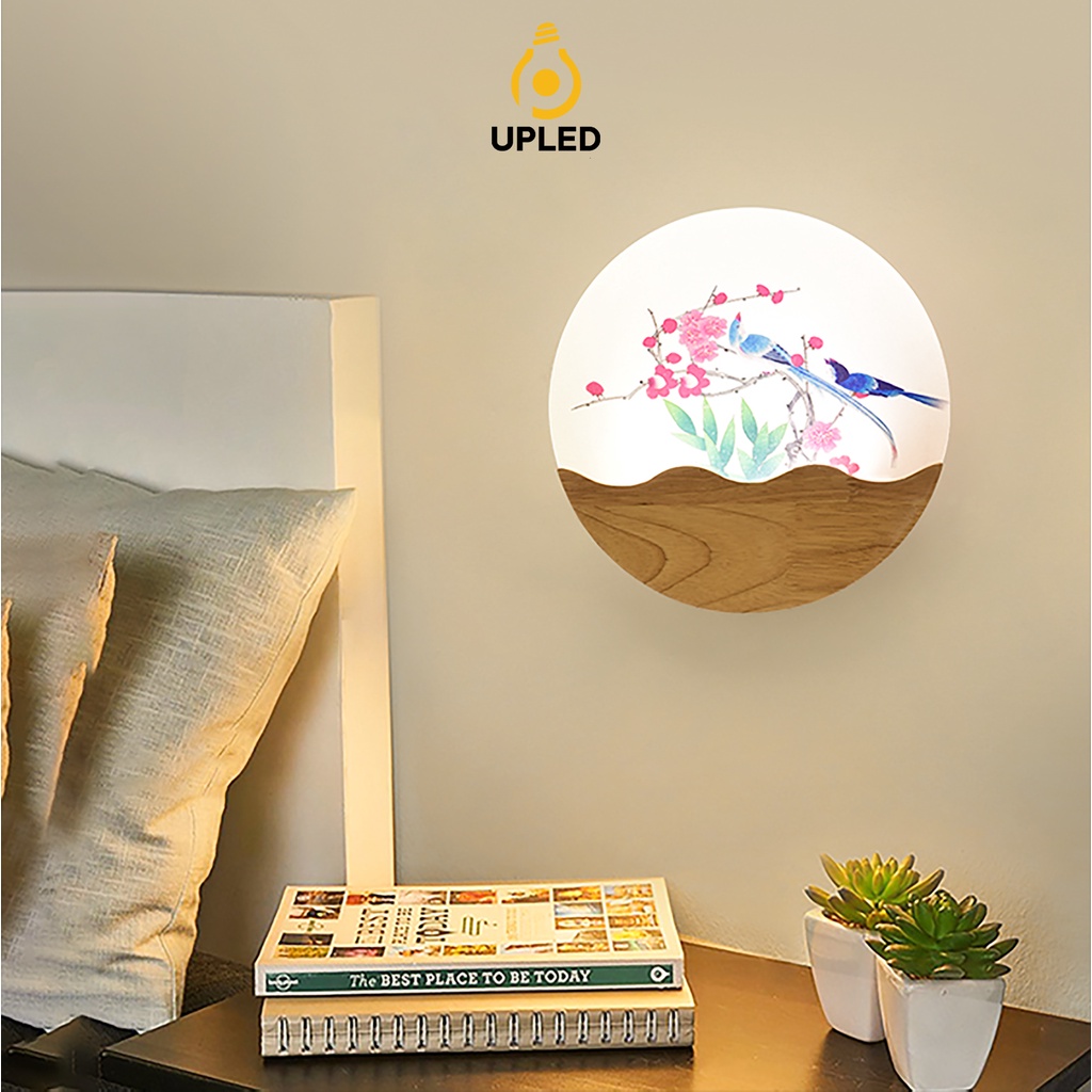 Đèn treo tường trang trí phòng khách UPLED gắn tường mica phối gỗ