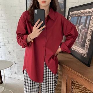 Áo sơ mi trơn basic màu đen, đỏ form rộng oversize 1 túi