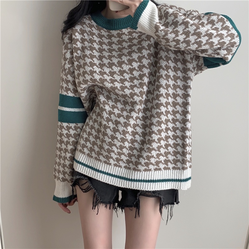 kumivn áo len họa tiết nanh sói nâu phối kẻ tay dáng rộng ulzzang Hàn Quốc