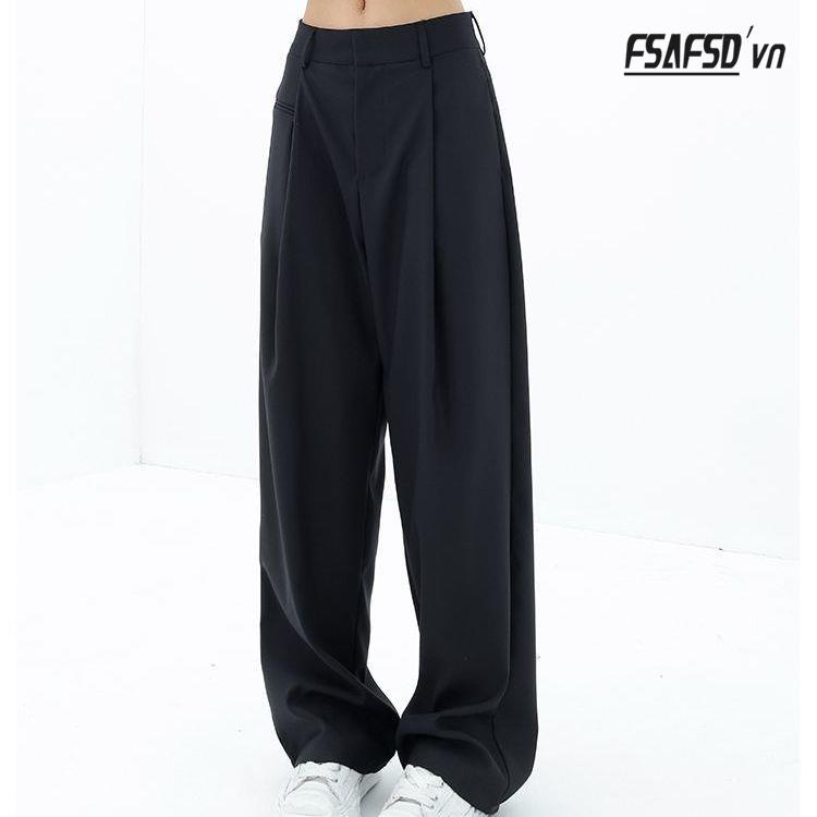 Quần Dài Ống Rộng Lưng Cao Màu Đen Thời Trang Cá Tính Cho Nữ