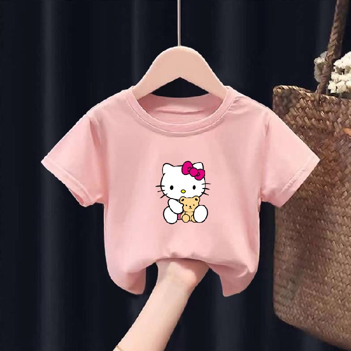 Áo cộc tay bé gái, áo thun có tay bé gái cotton Kitty ôm gấu 8-20 kg